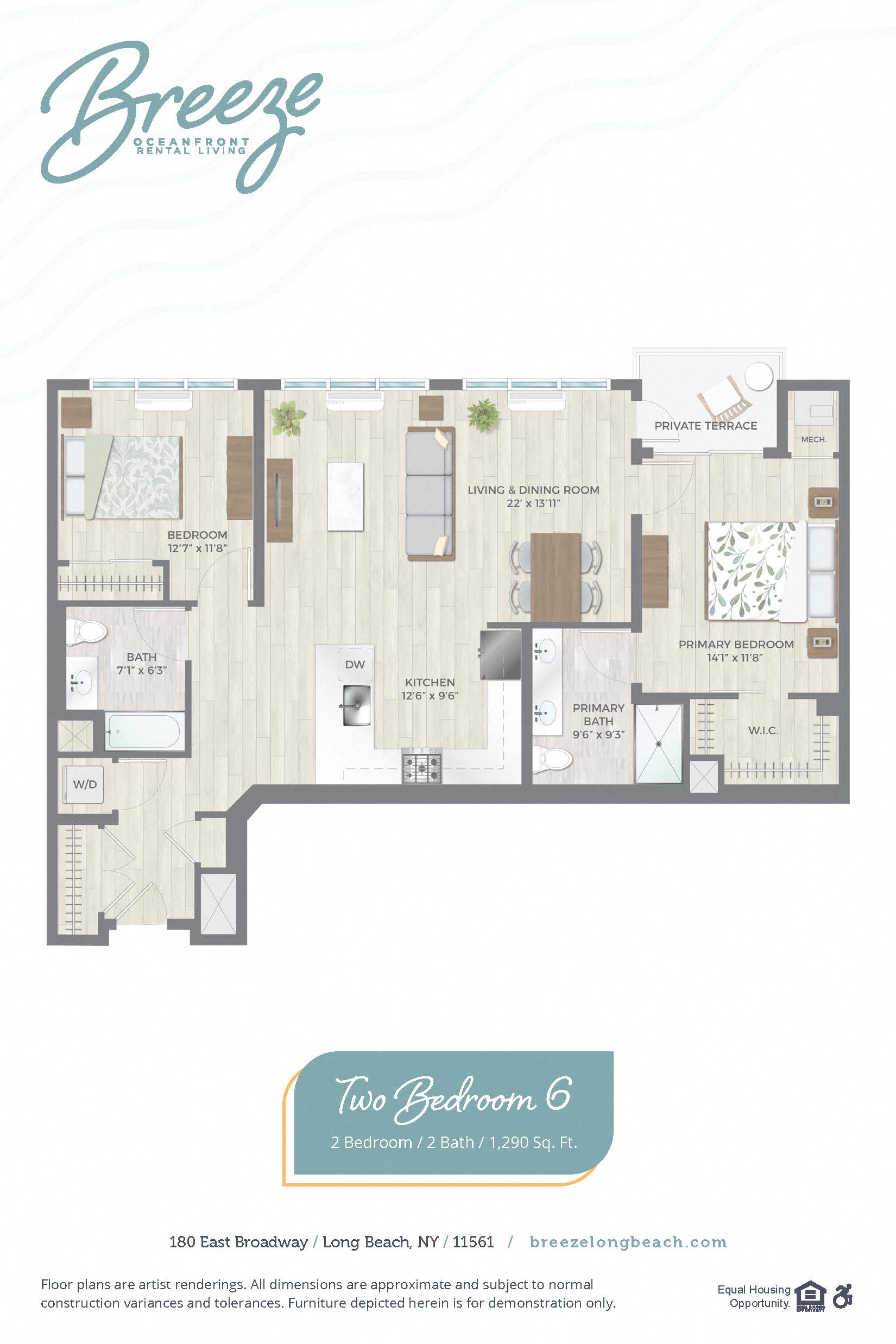Floor plan for 2 beds, 2 baths, 1290 sqft